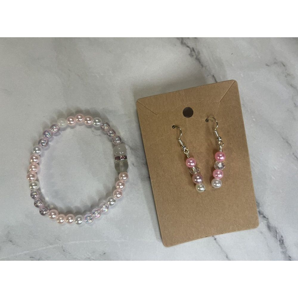 handmade beaded dainty dangle‎ earrings and bracelet set pink white and silver